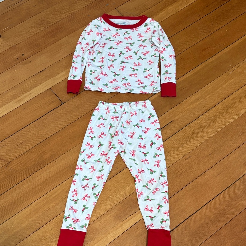 Kids White Pajama Set with Red Bow Print and Red Trim